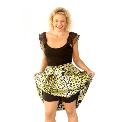 Susie wearing Midnight Wish Skanties showing them off in a glamorous evening outfit with a black singlet with tulle sleeves and a rockstar leopard and silver skirt. She looks funs and glamorous and like she is ready for some fun!