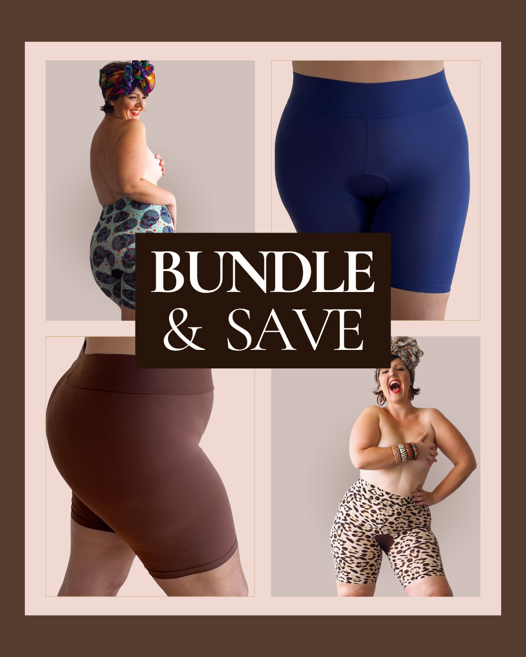 Four Skanties styles shown together: floral, navy, cocoa and leopard print. Bundle and save.