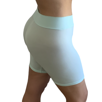 Aqua colored Island Time  Skanties Showing from the back with no muffin top and a nice wide thick soft waistband showing the smooth lines and light fabric