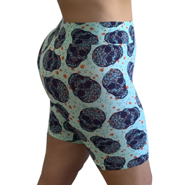 Front View Essential Aqua with NAvy Skulls Pirate Princess Skanties Showing from the back with no muffin top and a nice wide thick soft waistband showing the smooth lines and light fabric
