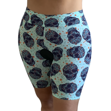Front View Essential Aqua with NAvy Skulls Pirate Princess Skanties in XS to XXL, offering a fun and rebellious integration with any outfit for daily comfort. No Muffin Tops, No chafe and No panty lines. Soft and smooth comfort and confidence all day - look like a thin pair of bike shorts merged with cotton underwear